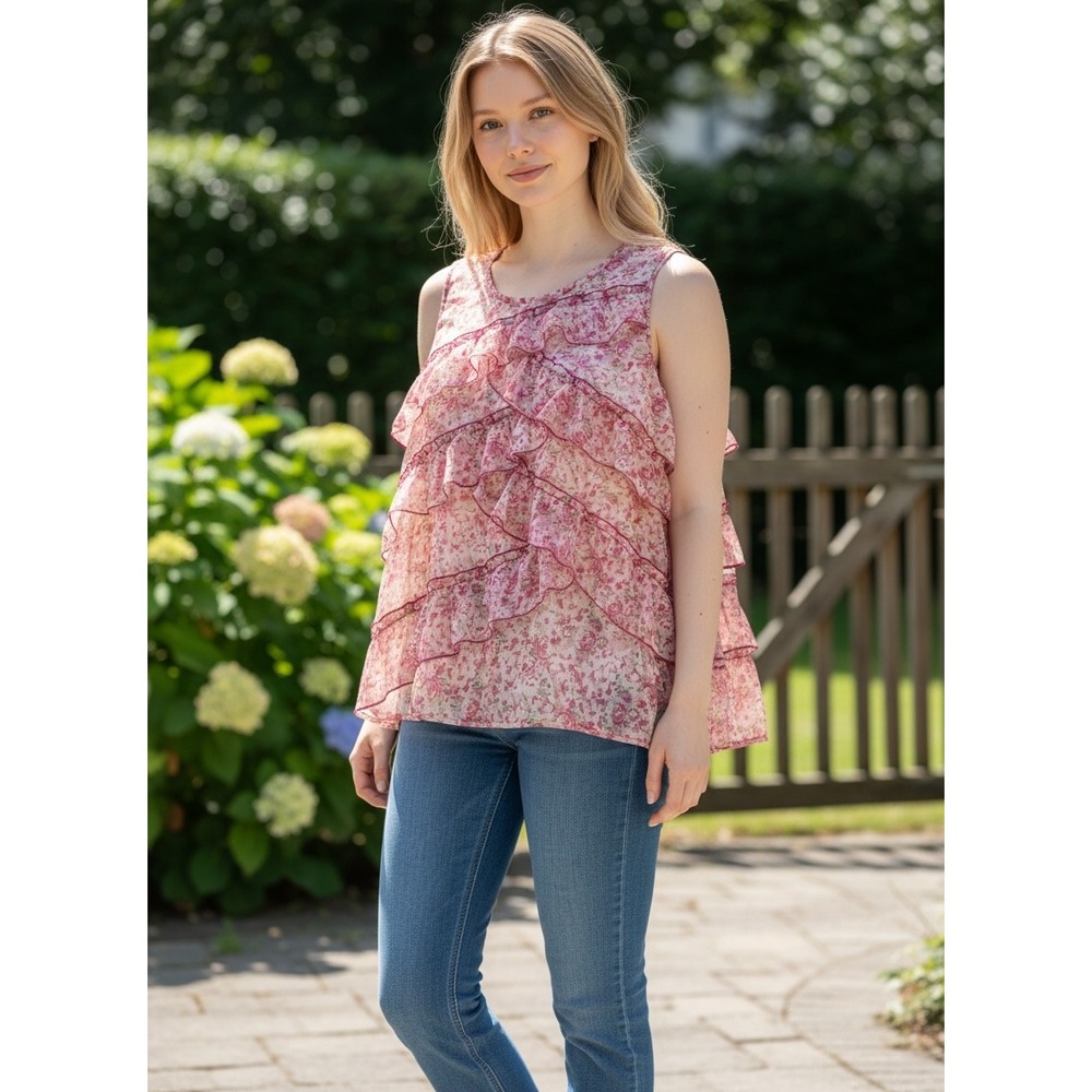 Christopher & Banks Pink Floral Tiered Ruffle Sleeveless Blouse XL Scoop Neck